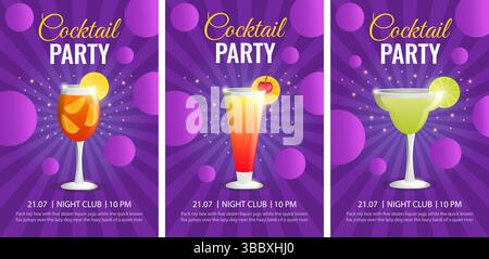 Set di inviti per cocktail party. Modello di progettazione di volantini o poster con bicchiere da cocktail e testo. Illustrazione Vettoriale