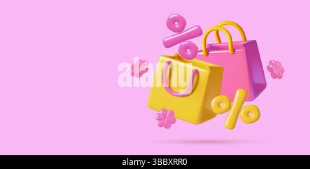 Icona vettoriale 3d delle borse per la spesa estive con fiori rosa e segno di percentuale Illustrazione Vettoriale