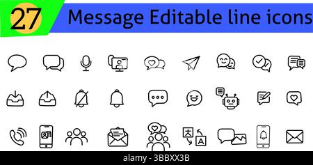 Set icone modificabili della linea di comunicazione. Illustrazione vettoriale in stile moderno e sottile delle icone correlate ai messaggi: Messaggio, posta, Chatbot, interazione sociale e altro ancora Illustrazione Vettoriale