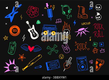 Icona punk rock. Adesivo musicale underground Doodle, chitarra rock microfono a cuore teschio adesivi per chitarra, logo della band musicale ed emblema. Roccia vettoriale Illustrazione Vettoriale