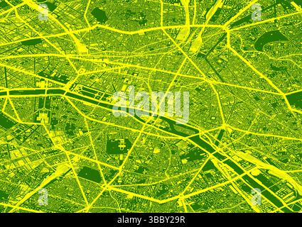 Mappa vettoriale della città di Parigi, Francia - disposizione stilizzata verde e giallo della città Illustrazione Vettoriale