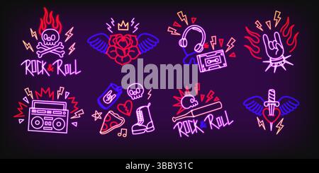 Roccia al neon. Logo rétro Rock n Roll con insegne al neon punk per poster di festival musicali o pub rock, cartelloni al neon per night club. Vettore 80 s. Illustrazione Vettoriale