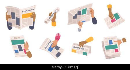 Giornale cartoni animati in mano. La stampa mattutina e i giornali si sono piegati e aperti, l'uomo d'affari si è dato la mano con il giornale di carta, il concetto di notizie quotidiane. Vettore Illustrazione Vettoriale
