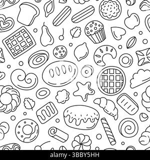 Schema di cottura dei doodle. Stampa senza cuciture con prodotti da forno e da cucina disegnati a mano, pasticceria e dessert. Consistenza vettoriale degli alimenti per il confezionamento Illustrazione Vettoriale
