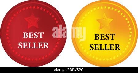 Etichette rosse e dorate più vendute con design piatto Illustrazione Vettoriale