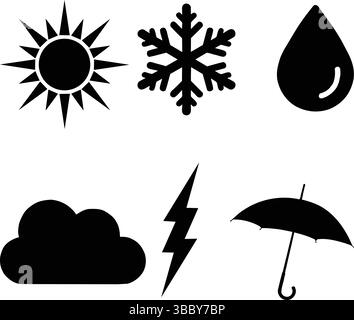 Silhouette di sei icone meteorologiche che rappresentano il sole, la neve, la pioggia, il nuvoloso, la tempesta, e condizioni di protezione dalla pioggia Illustrazione Vettoriale