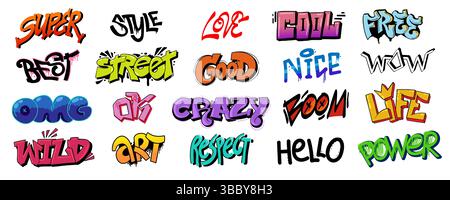 Graffiti di Street art. Pittura a spruzzo per pareti urbane, inchiostro e scarabocchi della cultura hip hop, font e calligrafia originali e colorati per graffiti adolescenti Illustrazione Vettoriale