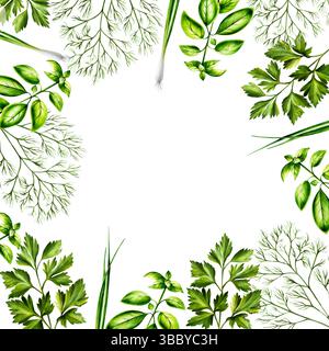 Cornice verde fresca, aneto per striscioni, basilico, cipolle verdi. Modello ad acquerello disegnato a mano, erbe origano isolate su sfondo trasparente. illustrazione Foto Stock