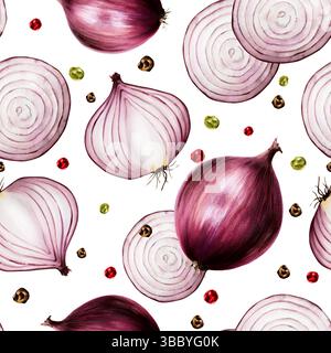 Motivo senza cuciture con cipolle rosse. Peperoncino rosso. Cipolla viola disegnata a mano con acquerello isolata sullo sfondo. illustrazione. Per i progettisti, menu Foto Stock