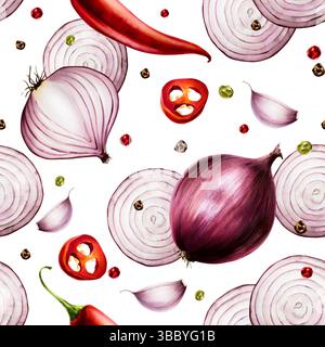 Motivo senza cuciture con bulbi all'aglio e chiodi di garofano e cipolle rosse. Peperoncino rosso. Cipolla viola disegnata a mano con acquerello isolata su sfondo trasparente Foto Stock