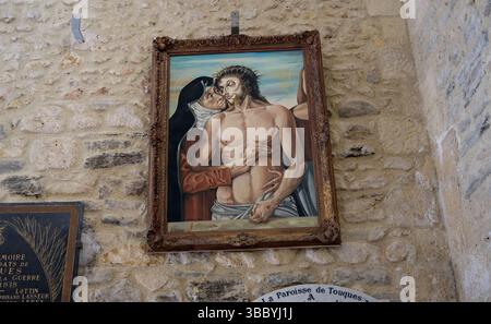 Chiesa di Eglise Saint Thomas Monumento Nazionale nel villaggio di Touques in Normandia, Calvados, Francia. Pittura di Maria e Gesù Foto Stock