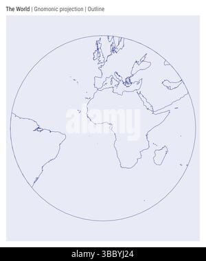 Mappa del mondo. Proiezione gnomonica. Stile contorno. Mappa mondiale dettagliata per infografiche, istruzione, report e presentazioni. Illustrazione vettoriale. Illustrazione Vettoriale