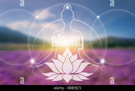 Donna seduta in posizione di loto e meditando. Fiore di loto sacro, simbolo dello yoga, spa, salone di bellezza, cosmetici, rilassati, stile di marca. flussi di energia Illustrazione Vettoriale