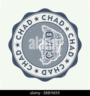 Sigillo ciad. Logo rotondo del paese con la forma del Ciad e il nome del paese in più lingue wordcloud. Emblema accattivante. Illustrazione vettoriale artistica. Illustrazione Vettoriale