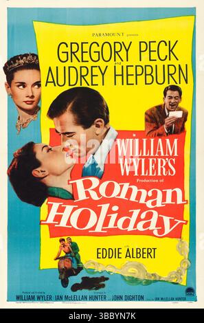 Poster teatrale per l'uscita americana del film commedia romantica americana Roman Holiday (1953). Roman Holiday è un film del 1953 diretto e prodotto da William Wyler. Audrey Hepburn interpreta Roma da sola e Gregory Peck reporter. Foto Stock