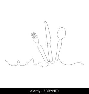 Disegno continuo a una linea. Illustrazione cucchiai, forchette, coltello, utensili da cucina Illustrazione Vettoriale
