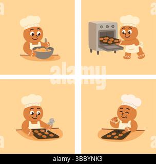 Processo di cottura dei biscotti al pan di zenzero. Carino set di illustrazioni natalizie Illustrazione Vettoriale