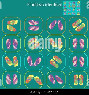 Trova 2 immagini identiche nel puzzle Funny Flip-Flops for Children . Illustrazione Vettoriale