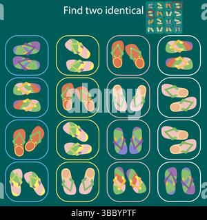 Trova 2 immagini identiche nel puzzle Funny Flip-Flops for Children . Illustrazione Vettoriale