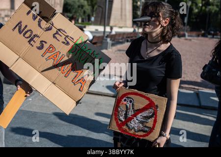 Madrid, Spagna. 17 maggio 2025. Un membro del gruppo "gli uccelli non sono reali" che tiene i cartelli e indossa il becco di uccello durante una riunione. "Birds are not real" è una teoria satirica della cospirazione e un movimento sociale originato negli Stati Uniti che sostiene umoristicamente e ironicamente che tutti gli uccelli sono stati sostituiti da droni di sorveglianza gestiti dal governo, una parodia destinata a criticare la diffusione di disinformazione, teorie di cospirazione e false notizie nella cultura moderna. Crediti: Marcos del Mazo/Alamy Live News Foto Stock