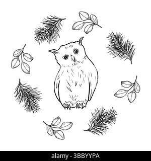 Gufo nella clipart circolare con piante boschive rami di pino e frutti di bosco rowan illustrazione a linee bianche nere. Uccello di gufo innevato disegnato a mano, inverno Illustrazione Vettoriale