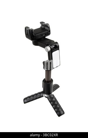 Stabilizzatore compatto per telefono con piedini del treppiede e pannello a LED per video a mani libere. Foto Stock