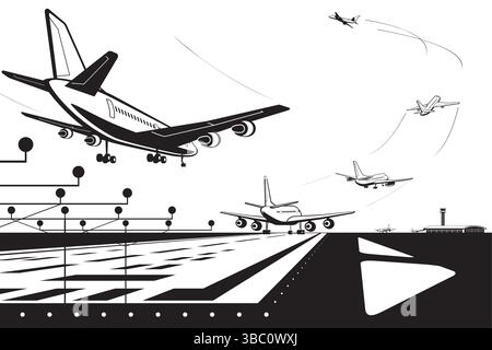 Aerei passeggeri che atterrano e decollano sulla pista aeroportuale – illustrazione vettoriale Illustrazione Vettoriale