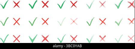 Segni di spunta e croci impostati, segni di spunta verdi e icone rosse della linea X per caselle di controllo e documenti di voto. Segnali di approvazione e rifiuto dei vettori in va diversi Illustrazione Vettoriale