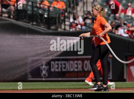 Baltimora, Stati Uniti. 17 maggio 2025. BALTIMORE, MD - 17 MAGGIO: L'equipaggio dell'Orioles Grounds prepara il campo prima di una partita della MLB tra i Baltimore Orioles e i Washington Nationals, il 15 maggio 2025, all'Oriole Park a Camden Yards, a Baltimora, Maryland. (Foto di Tony Quinn/SipaUSA) credito: SIPA USA/Alamy Live News Foto Stock