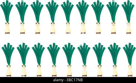 Simpatico set emoji di frutta e verdura con porri per scopi di personaggi del fumetto e del web. Illustrazione Vettoriale