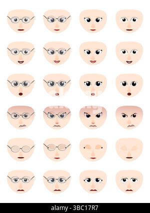 Volti carini con espressioni facciali per scopi legati al web e ai personaggi dei cartoni animati. Illustrazione Vettoriale