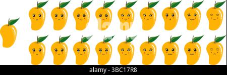 Simpatico set emoji di frutta e verdura con mango per scopi di personaggi del web e dei cartoni animati. Illustrazione Vettoriale