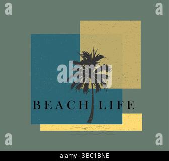 Opere d'arte astratte sulla vita in spiaggia. Arte astratta delle palme . Grafica vettoriale estiva per abbigliamento, adesivi, poster, sfondo e altro ancora. Illustrazione Vettoriale