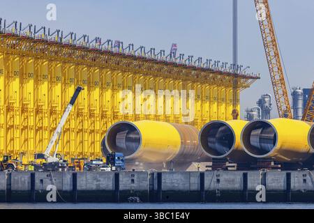 SIF Offshore Foundations, produzione di monopile per turbine eoliche offshore. Fondazioni per turbine eoliche. Stabilimento nel porto marittimo di Rotterdam, Zuid-H. Foto Stock