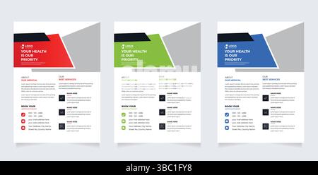 Progettazione di modelli per opuscoli medici moderni. Modello di opuscolo aziendale per il settore sanitario, modello di opuscolo moderno per il settore medico e sanitario. design volantino medico sanitario Illustrazione Vettoriale