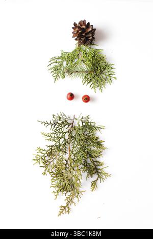 Gnome o elf faccia da materiali naturali. Silhouette di Natale immagine in un design minimalista concept Foto Stock