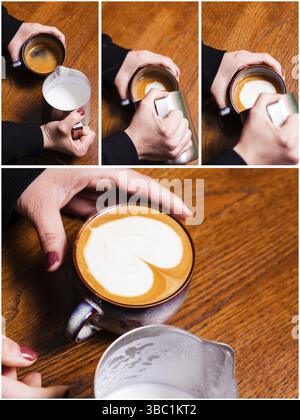 Barista preparare una tazza di caffè latte art, versare il latte con la schiuma. Collage con foto passo-passo Foto Stock