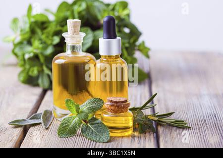 I piccoli bicchieri con oli aromatici essenziali e foglie di erbe su tavola di legno e bouquet verde sullo sfondo Foto Stock