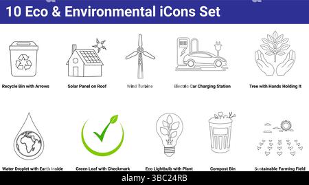 Set di 10 icone Eco e Environmental Line - energia sostenibile e grafica di riciclaggio Illustrazione Vettoriale