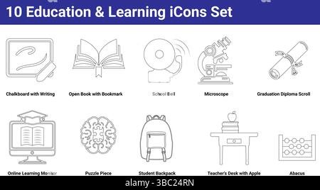 10 icone della linea di istruzione e apprendimento impostate per la scuola e lo studio online Illustrazione Vettoriale