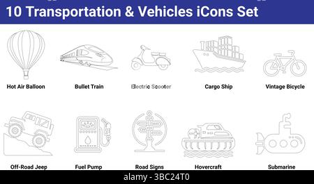 Set di 10 icone per trasporti e veicoli – stile di contorno minimo per i temi di viaggio, consegna e mobilità Illustrazione Vettoriale