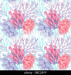 Motivo marino senza cuciture con coralli tubolari, ramificati, pigri e alghe marine. Illustrazioni in acquerello. Scena della barriera corallina con elementi di flora e fauna. Mano Foto Stock