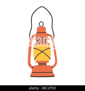 Semplice lanterna rossa da campeggio con manico. Lampada vintage a cherosene dal design piatto con stoppino. Clipart vettoriale illustrato. Illustrazione Vettoriale