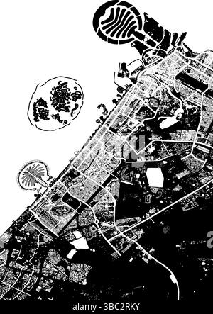 Mappa vettoriale della città di Dubai, Emirati Arabi Uniti - 2 strade in bianco e nero e disposizione degli edifici Illustrazione Vettoriale