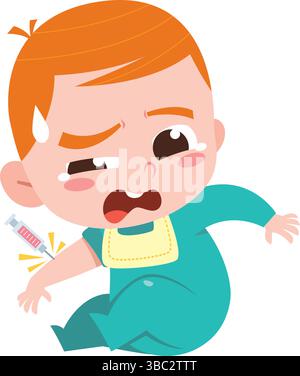 Pianto bambino ottenere vaccinato – illustrazione cartone animato di bambino con iniezione Illustrazione Vettoriale