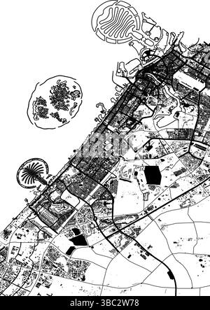 Mappa vettoriale della città di Dubai, Emirati Arabi Uniti: Strade e edifici in bianco e nero Illustrazione Vettoriale
