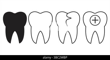 Illustrazione vettoriale Set di quattro icone denti che mostrano i concetti di riempimento sano, contorno, cavità e dentario Illustrazione Vettoriale