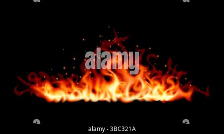 Fiamme fiamme e scintille che sorgono da un incendio su uno sfondo scuro, effetti visivi drammatici e intensi, calore, energia e pericolo Illustrazione Vettoriale