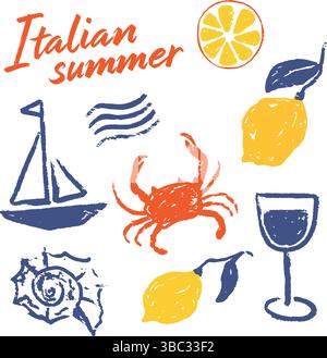Set illustrativo per le vacanze estive italiane. Elementi estetici disegnati a mano vettoriali in stile boodle ruvido grunge. Weekend in mare con gesso e carbone Illustrazione Vettoriale