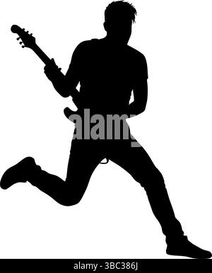 Energica silhouette chitarrista che salta con chitarra elettrica su sfondo trasparente Illustrazione Vettoriale